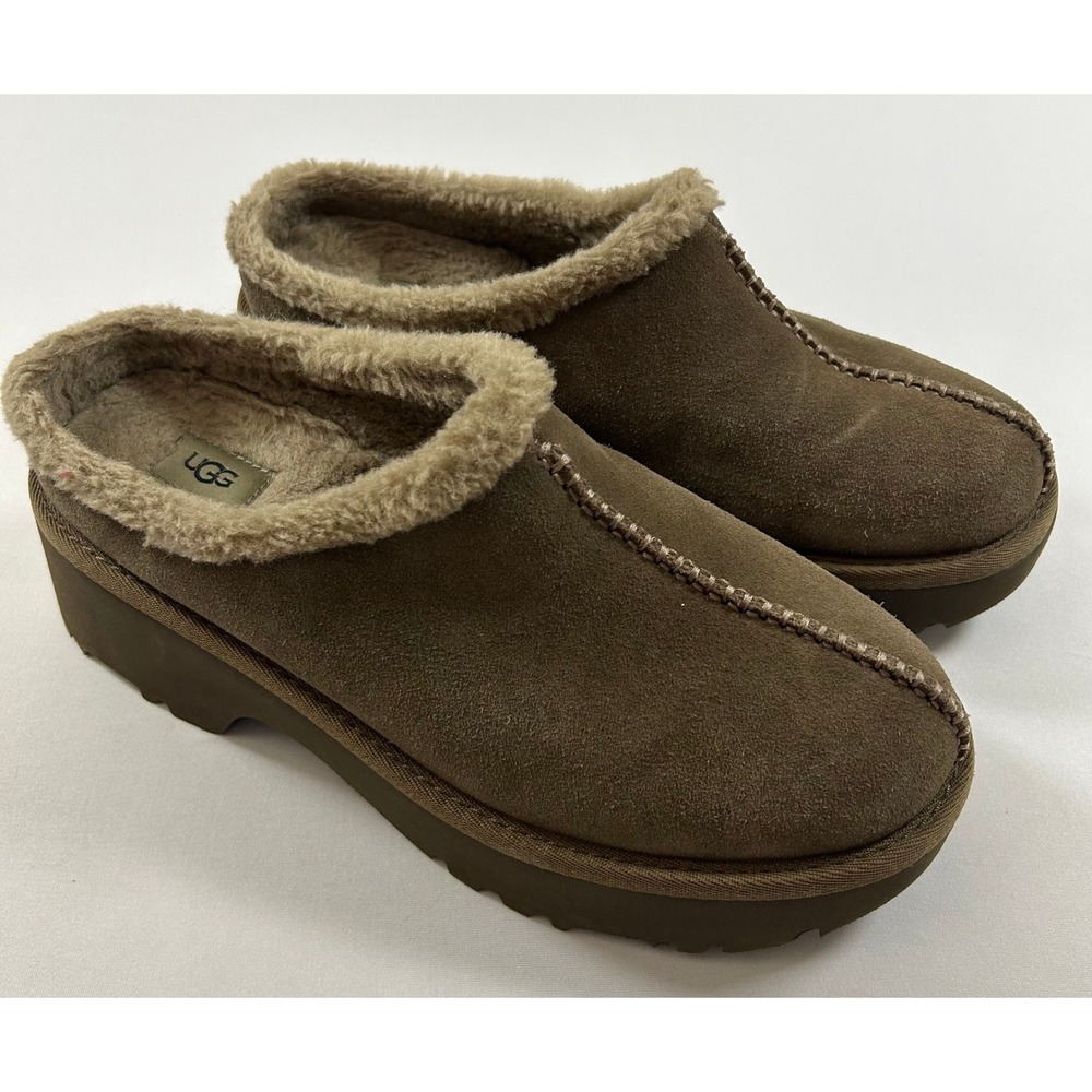 UGG New Heights Slip On Clogs Womens 10‎ Brown Suede Platform Shearling Slippers